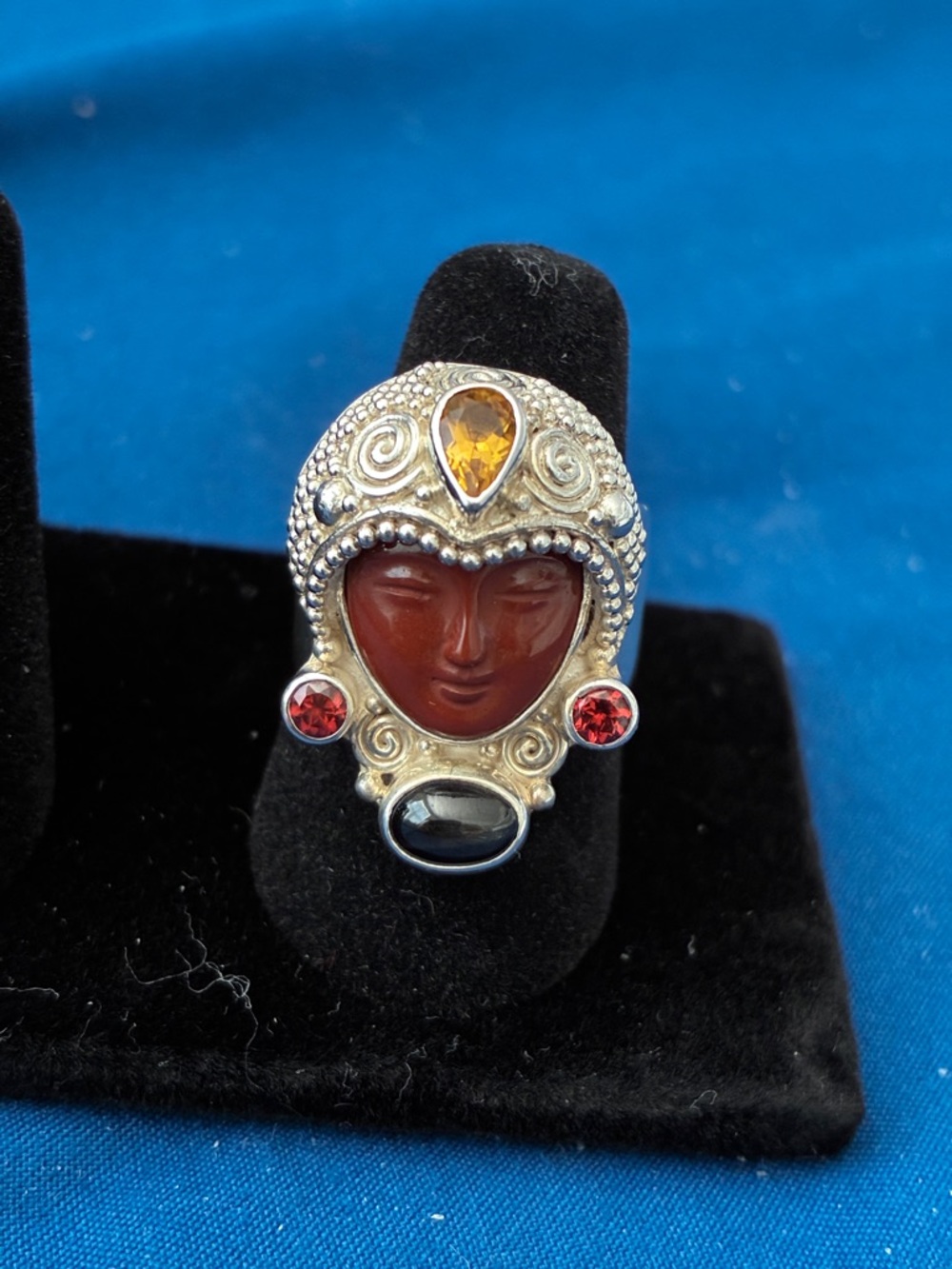 Sajen Sterling Silver Red Jasper Carved Goddess Face Ring adjustable